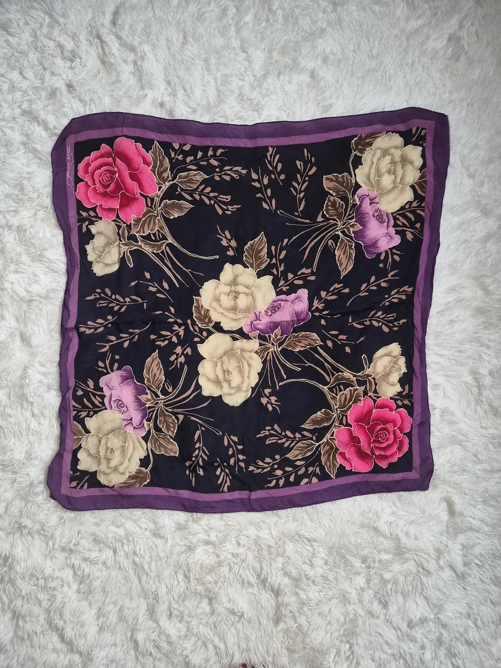Womens Vintage Silk Scarf Oscar De La Renta Designer Purple Black Floral Print ✨